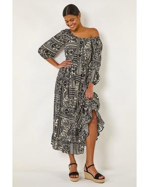Roman Abstract Print Shirred Midi Dress - Black