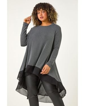 Roman Curve Glitter Chiffon Hem Tunic Top - Grey