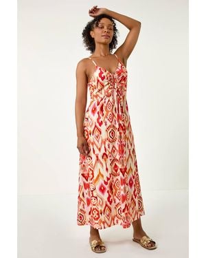 Roman Petite Aztec Ruched Front Maxi Dress - Red