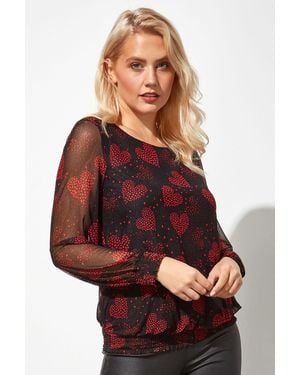 Roman Heart Print Mesh Sleeve Bubble Hem Top - Red