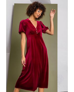 D.u.s.k Velvet Button Detail Fit & Flare Dress - Red