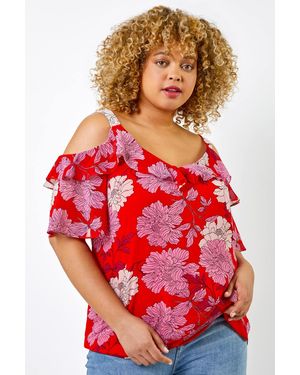 Roman Curve Floral Cold Shoulder Chiffon Frill Detail Top - Red
