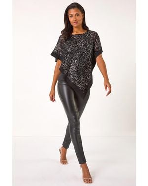 Roman Sequin Overlay Stretch Tunic Top - Black