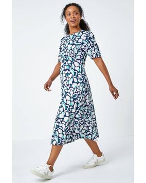 Roman Petite Floral Stretch Midi Dress - Blue