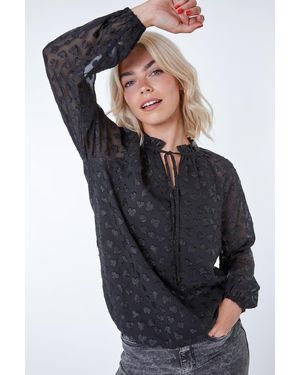 D.u.s.k Burnout Heart Print Tie Neck Long Sleeve Top - Blue