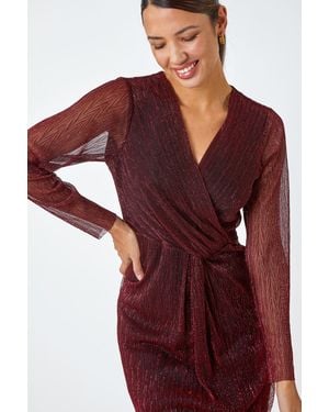 Roman Metallic Shimmer Midi Wrap Dress - Red