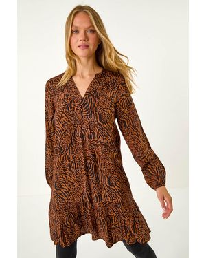 Roman Animal Print Pintuck Smock Dress - Brown