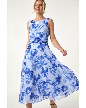 Roman Petite Floral Print Midi Dress - Blue