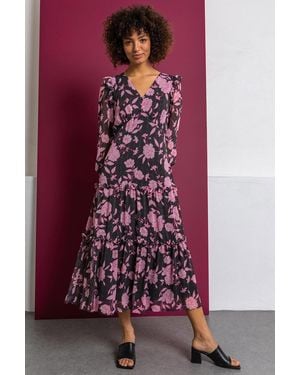 D.u.s.k Floral Spot Print Chiffon Tiered Midi Dress - Pink