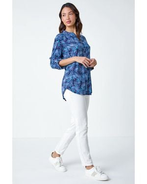 Roman Leaf Print V-Neck Stretch Jersey Blouse - Blue