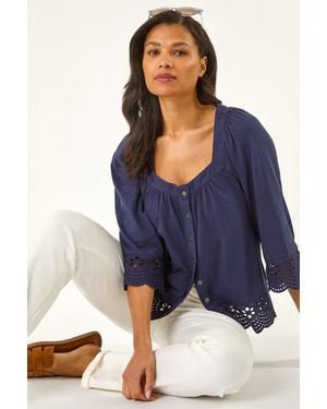 Roman Button Broderie Stretch Blouse - Blue