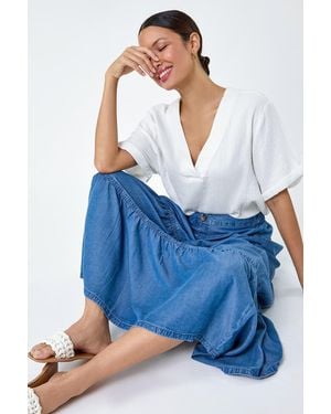 Roman Denim Wash A Line Tiered Maxi Skirt - Blue