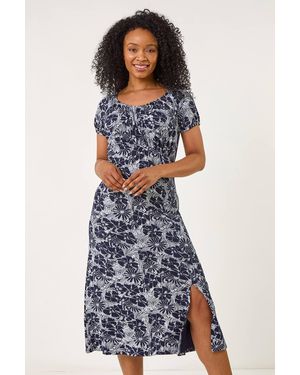 Roman Petite Ditsy Floral Stretch Midi Dress - Blue