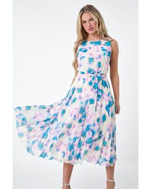 Roman Petite Abstract Print Pleated Midi Dress - Blue