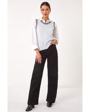 Roman Contrast Stitch Knit Top - White