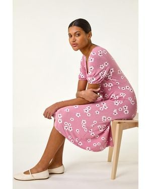 Roman Floral Print Stretch Jersey Dress - Pink