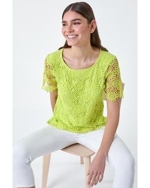 Roman Floral Lace Stretch Jersey T-Shirt - Yellow
