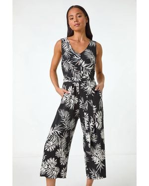 Roman Petite Leaf Print Cropped Jumpsuit - Black