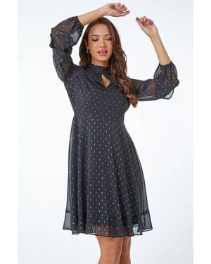 Roman Metallic Spot Keyhole Detail Chiffon Dress - Black