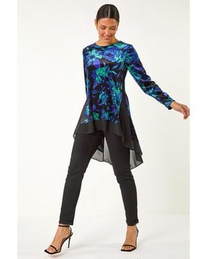 Roman Velvet Rose Print Chiffon Hem Top - Blue