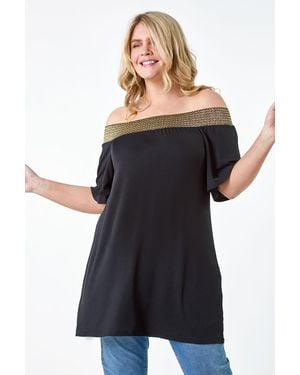 Roman Curve Shimmer Stretch Shirred Bardot Top - Black