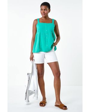 Roman Cotton Button Through Shirred Vest Top - Blue