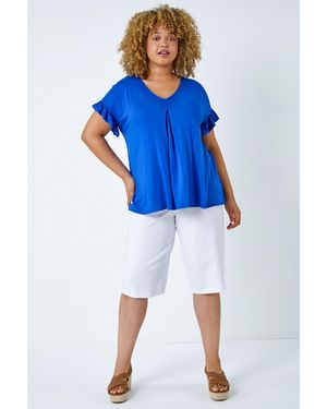 Roman Curve Frill Sleeve V-Neck Top - Blue