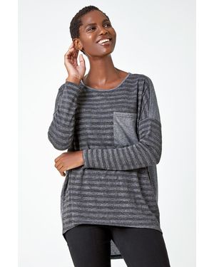 Roman Glitter Stripe Pocket Stretch Top - Grey