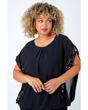 Roman Curve Sequin Trim Chiffon Overlay Top - Blue
