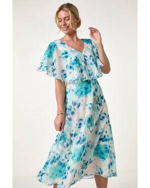 Roman Petite Floral Print Cape Midi Dress - Blue