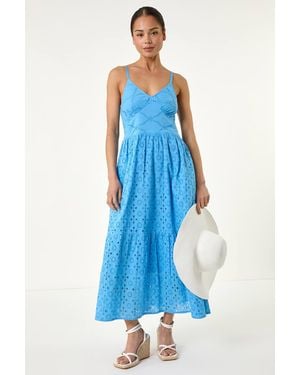 Roman Petite Broderie Strappy Maxi Dress - Blue