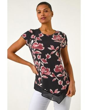 Roman Abstract Print Chiffon Hem Top - Pink