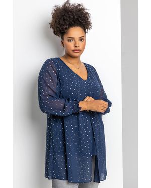 Roman Curve Foil Spot Print Split Front Chiffon Top - Blue
