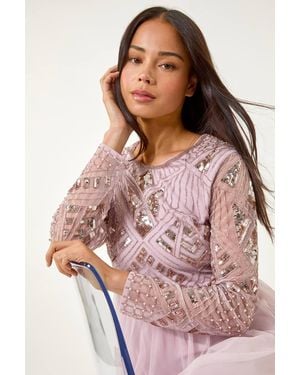 Roman Petite Embellished Mesh Dress - Pink