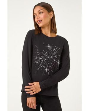 Roman Foil Star Print Long-Sleeve Top - Black