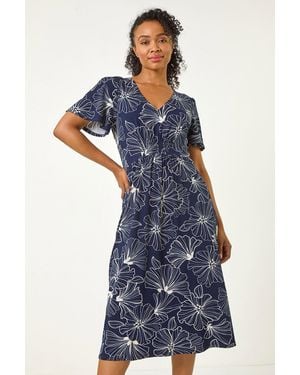 Roman Petite Floral Stretch Shirred Midi Dress - Blue