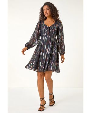 D.u.s.k Foil Print Tie Front Fit & Flare Dress - Black