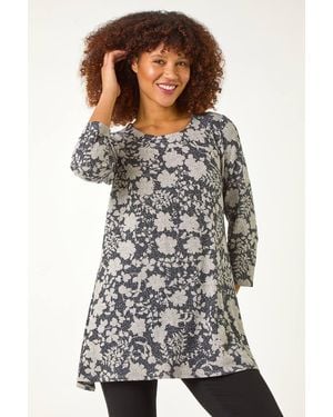 Roman Floral Print Tunic Top - Grey