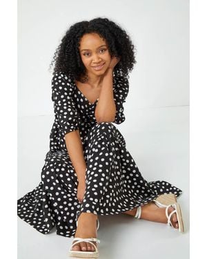 Roman Petite Polka Dot Tiered Midi Dress - Black