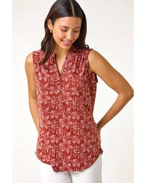 Roman Leaf Print Button Vest Top - Red