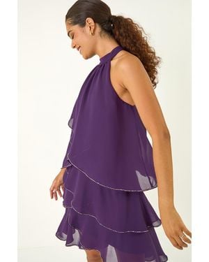 Roman Sequin Trim Halterneck Dress - Purple