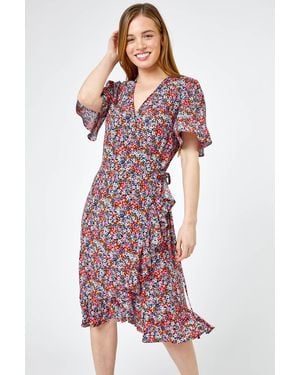 Roman Petite Ditsy Floral Frill Wrap Dress - Pink