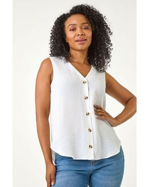 Roman Petite V-Neck Front Button Blouse - White