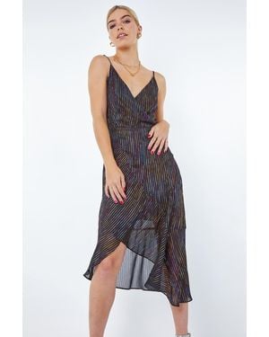 D.u.s.k Metallic Stripe Frill Hem Midi Wrap Dress - Grey