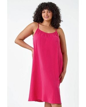 Roman Curve Strappy Cotton Pocket Dress - Pink