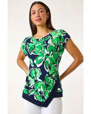 Roman Floral Print Asymmetric Hem Top - Green