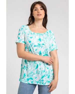 Roman Curve Leaf Print Swing Tunic Top - Blue