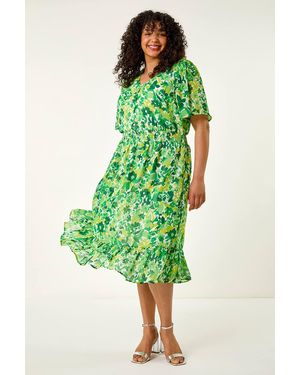 Roman Curve Floral Button Detail Midi Dress - Green
