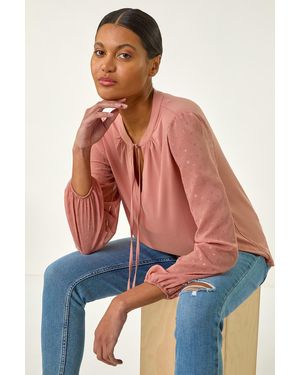 Roman Tie Neck Shimmer Dobby Sleeve Top - Red
