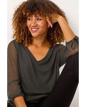 Roman Burnout Print V-Neck Overlay Mesh Top - Black